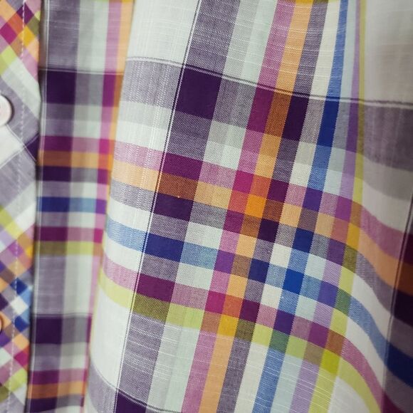🦋3/$25 Pantamo Small Cotton Long Sleeve Purple Blue Plaid Button Up Shirt NWOT - Picture 3 of 8